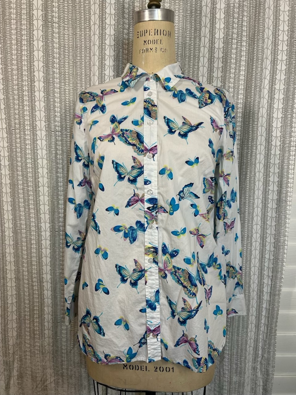 Talbots White Button-Up Shirt with Blue, Teal & Pink Butterfly Print